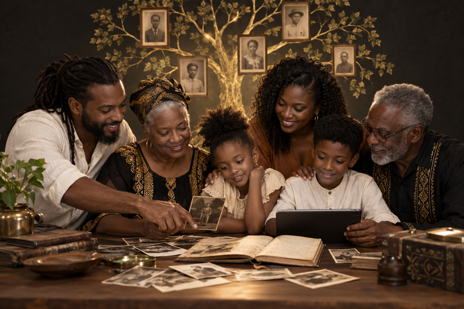 A multigenerational Black Caribbean family collaborating on its family history