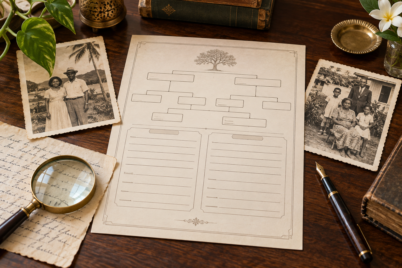 A family-history profile worksheet with photographs and archival research notes