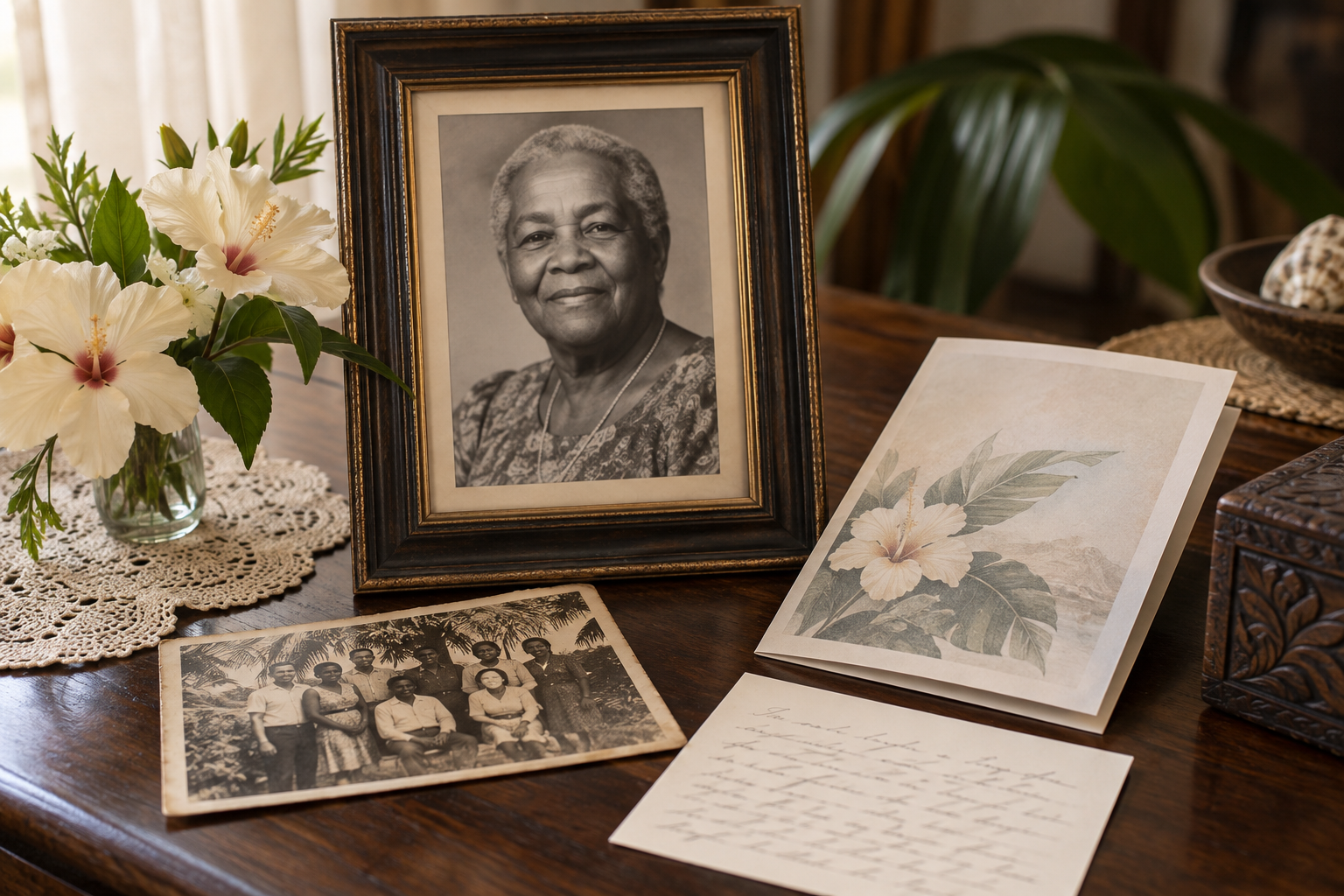 A framed family portrait with photographs and memorial records
