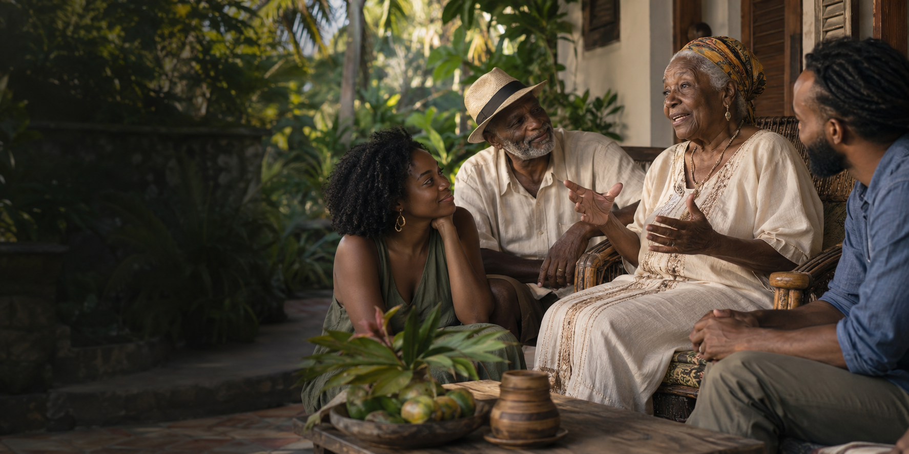 A Caribbean family elder sharing memories with younger generations